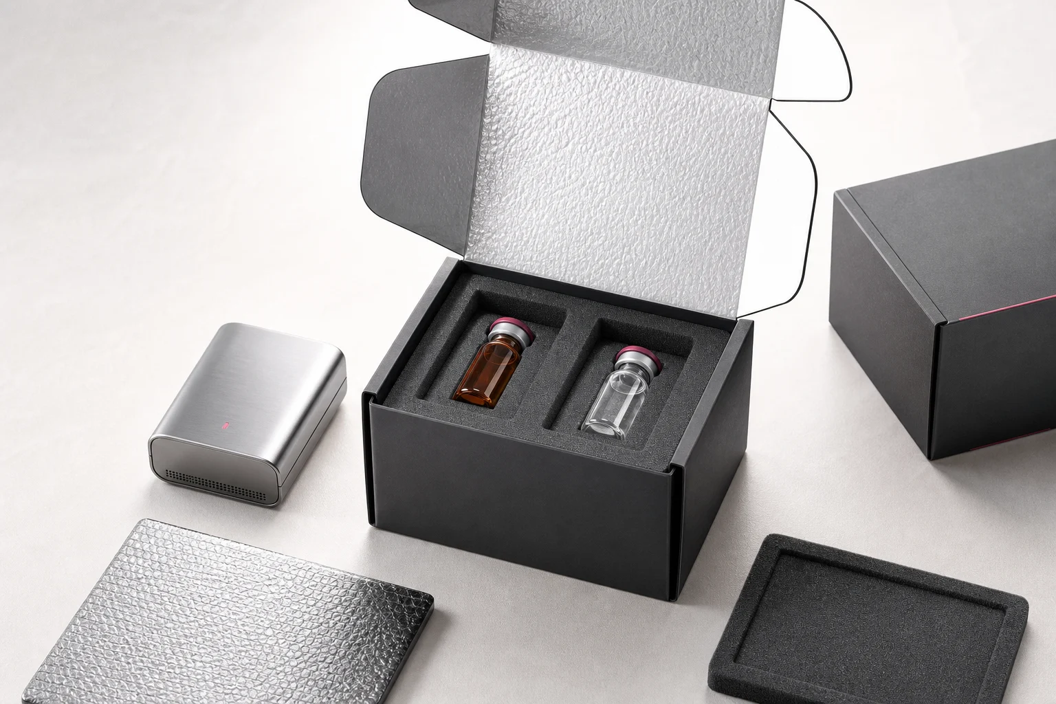 Cold-chain research packaging with unlabeled vials and a temperature logger on a clean bench.