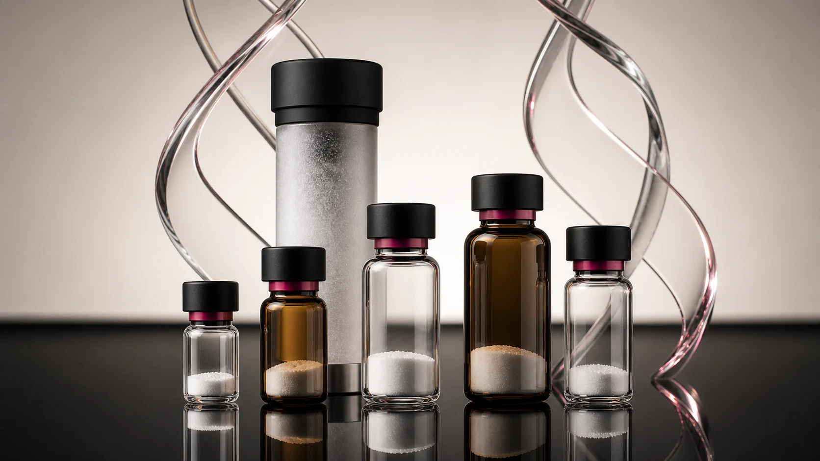 A premium arrangement of unlabeled research vials on a dark reflective surface.
