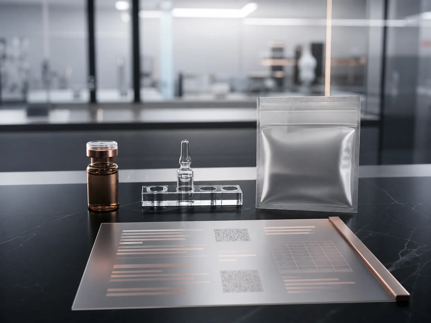 A research vial, sealed sample pouch, and clean lab surface arranged as a vial procurement standard.